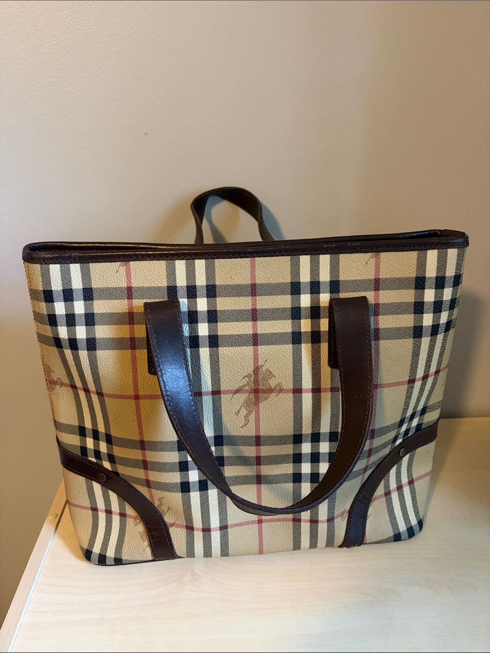 Classic Plaid Brown Leather-Trim Tote Bag